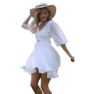 NEW White Mini Dress Long Sleeve Ruffle Hem Drawstring‎ V Neck Party Dress